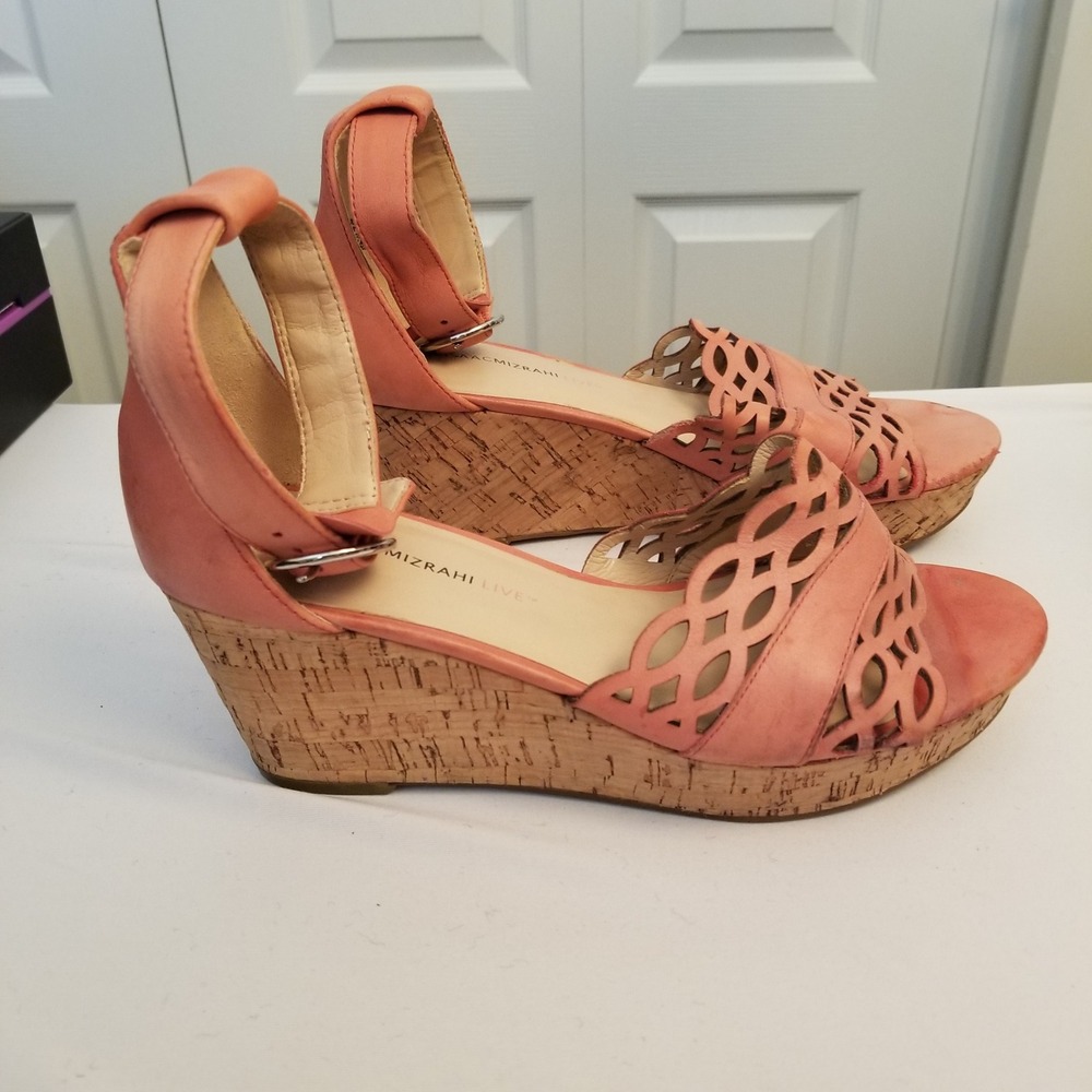 Isaac Mizrahi Live Coral Leather Laser Cut Cork Wedge Sandal Ankle Strap8.5W